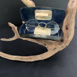 Antique Round Wire Spectacles with Original Optician Case, Circa 1900 Cleveland Ohio, Engraved Frames