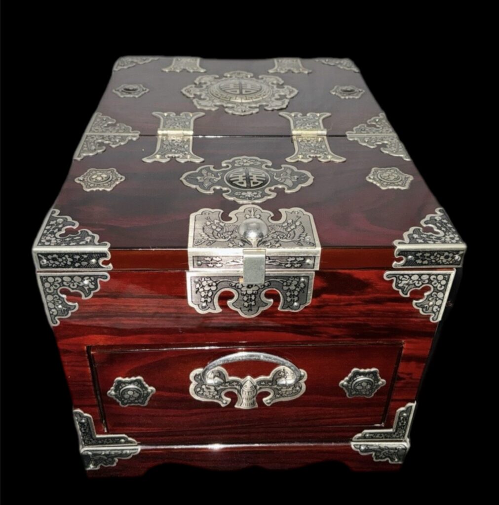 korean redwood jewelry box with black backround