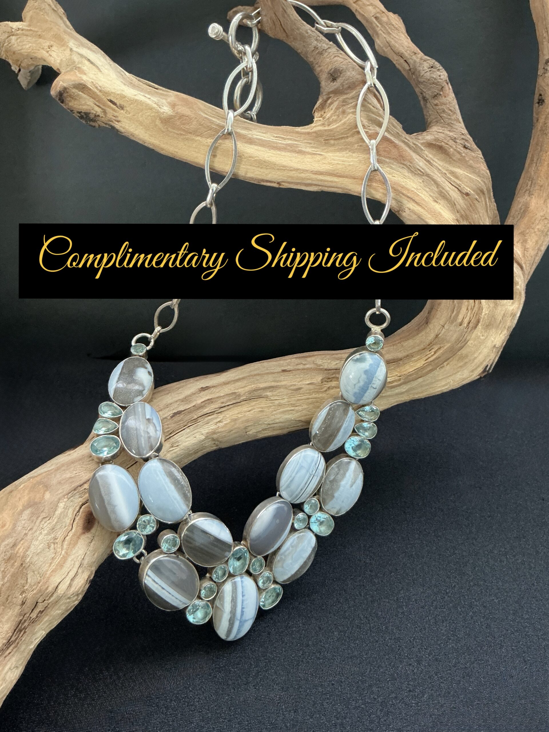 Artisan Sterling Silver Blue Lace Agate & Blue Topaz Statement Necklace | Handmade Gemstone Bib Necklace - Image 7