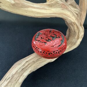 Carved Cinnabar Trinket Box with Blue Aqua Enamel Interior