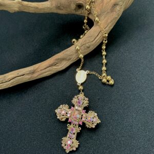 Signed Kirk’s Folly Pink AB Rhinestone Cross Necklace Pendant Brooch