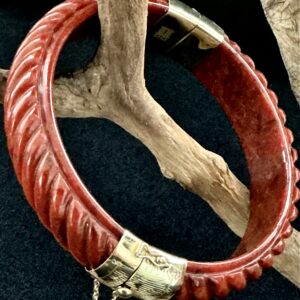 Vintage Red Jadeite Hinged Bangle Bracelet Sterling Silver Vermeil Clasp Size 7