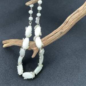 Kramer White Glass Cabochon Necklace with Clear Rhinestones, Silver Tone Vintage Jewelry