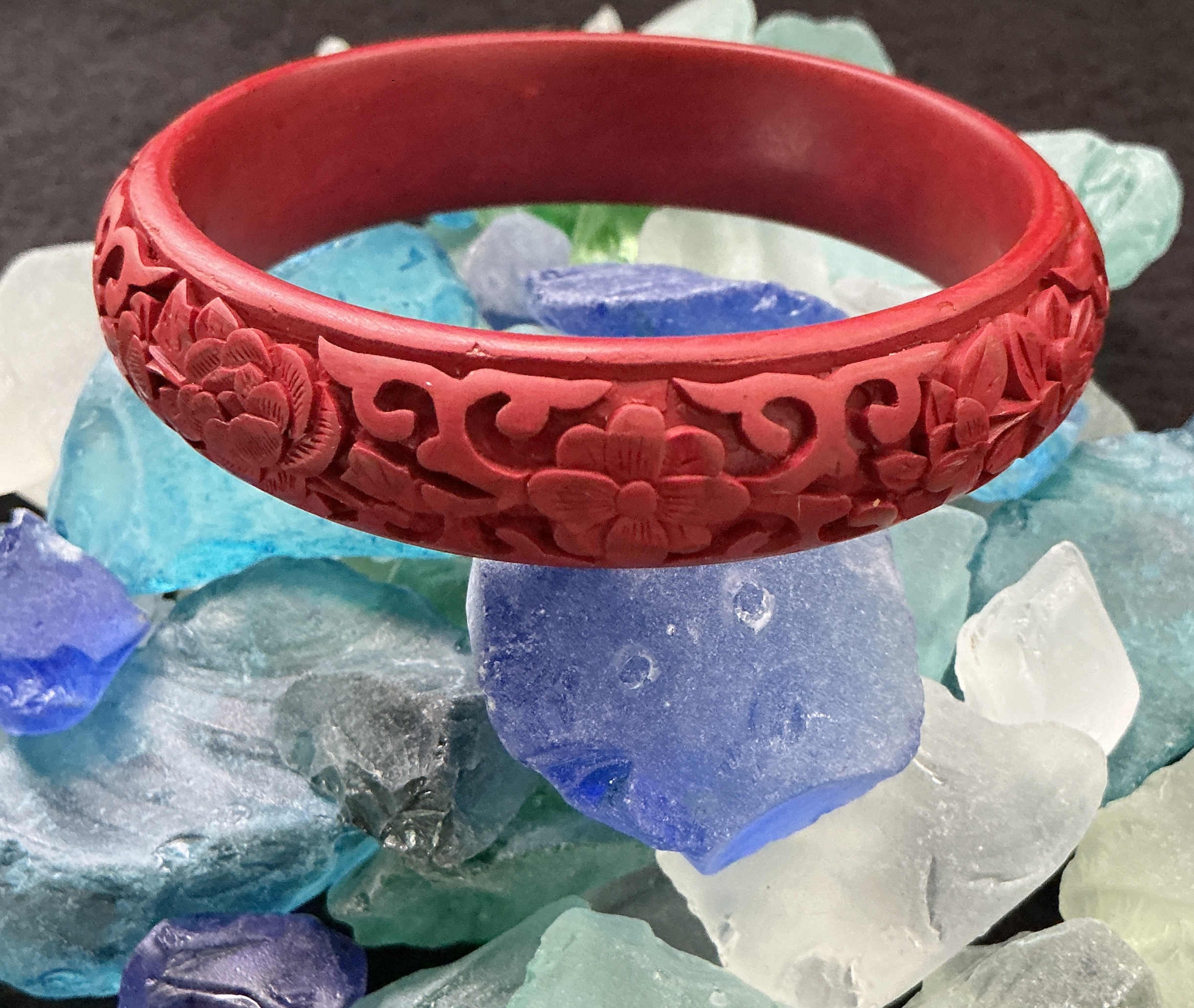 Vintage Carved Cinnabar Floral Bangle Bracelet Size 8 Red Openwork Flower Bracelet - Image 2