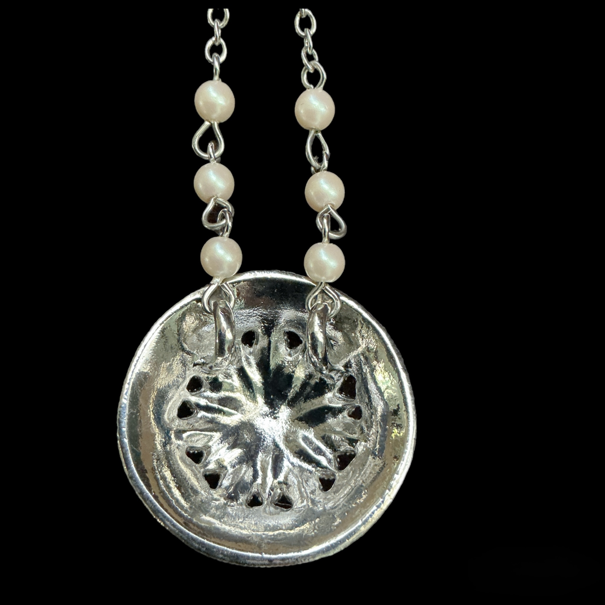 Signed Crown Trifari Pearl Rhinestone Necklace Vintage Silvertone Pendant Adjustable 16-18 Inch Necklace - Image 6