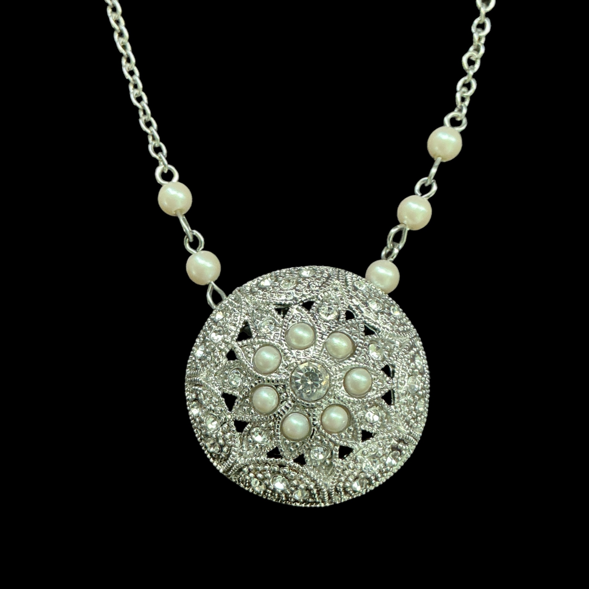 Signed Crown Trifari Pearl Rhinestone Necklace Vintage Silvertone Pendant Adjustable 16-18 Inch Necklace - Image 4