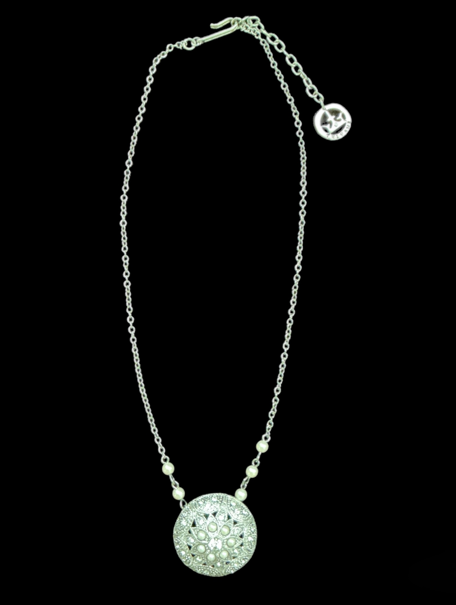 Signed Crown Trifari Pearl Rhinestone Necklace Vintage Silvertone Pendant Adjustable 16-18 Inch Necklace - Image 3
