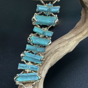 Vintage Turquoise Blue Statement Bracelet Mid Century Silver Tone Link Bracelet