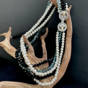 Artisan Multi Strand Pearl & Smoky AB Crystal Necklace | Upcycled Vintage Jewelry
