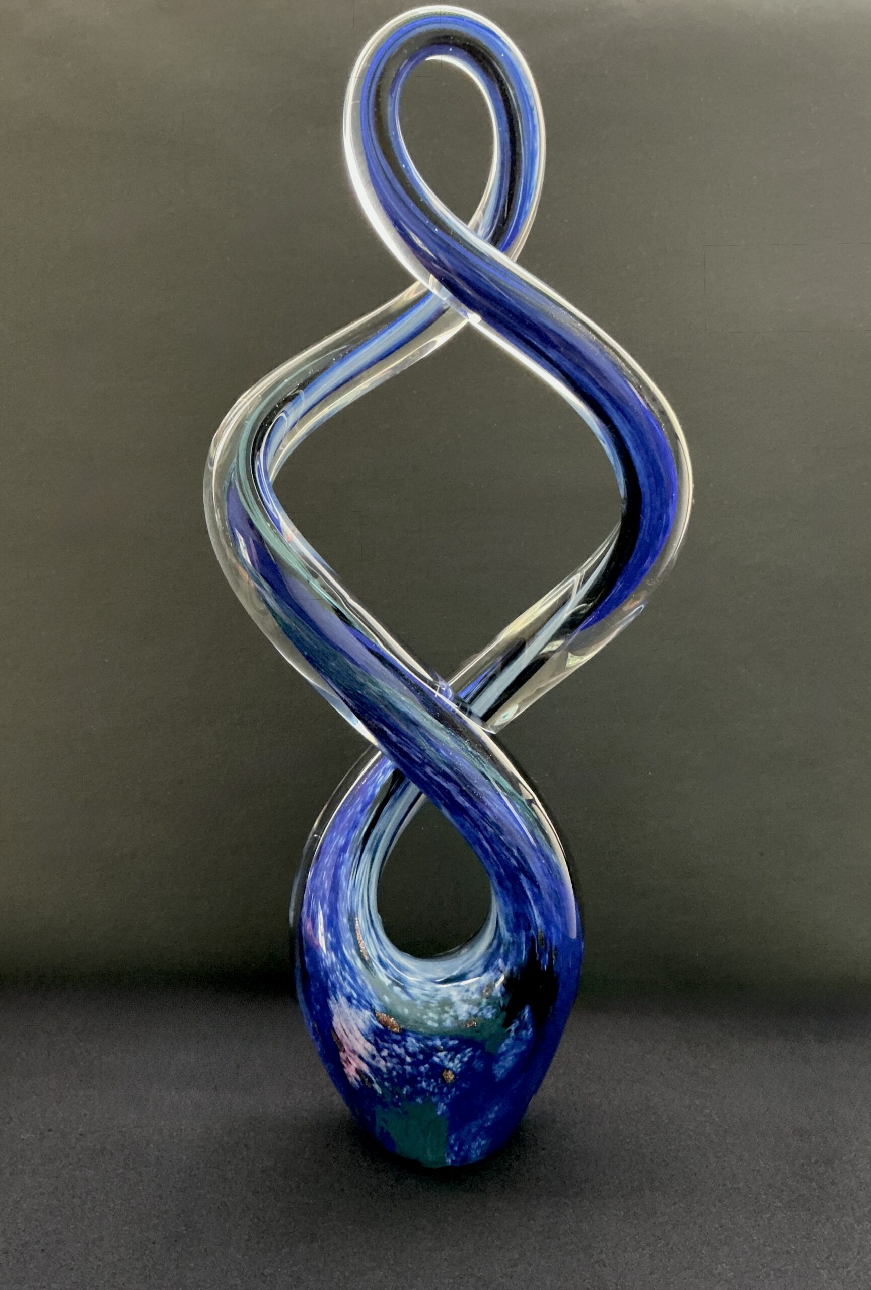 Hand Blown Studio Art Glass Sculpture Blue Twisted Ribbon Abstract Glass Sculpture