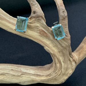 Pair of Blue topaz faceted art glass clip on earrings perched on a branch with a black background