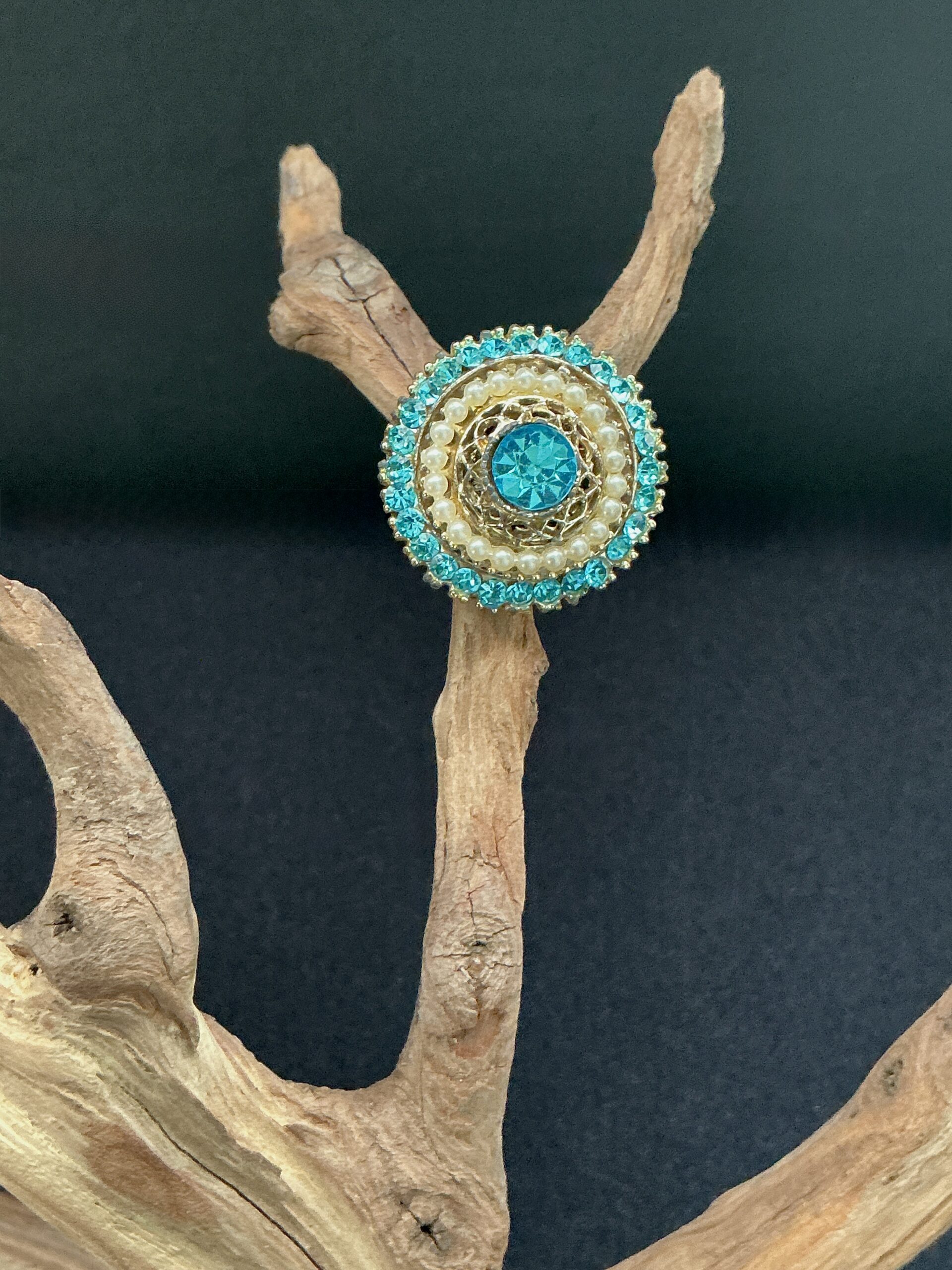 Aqua maring round domed brooch perched on a branch with a black background