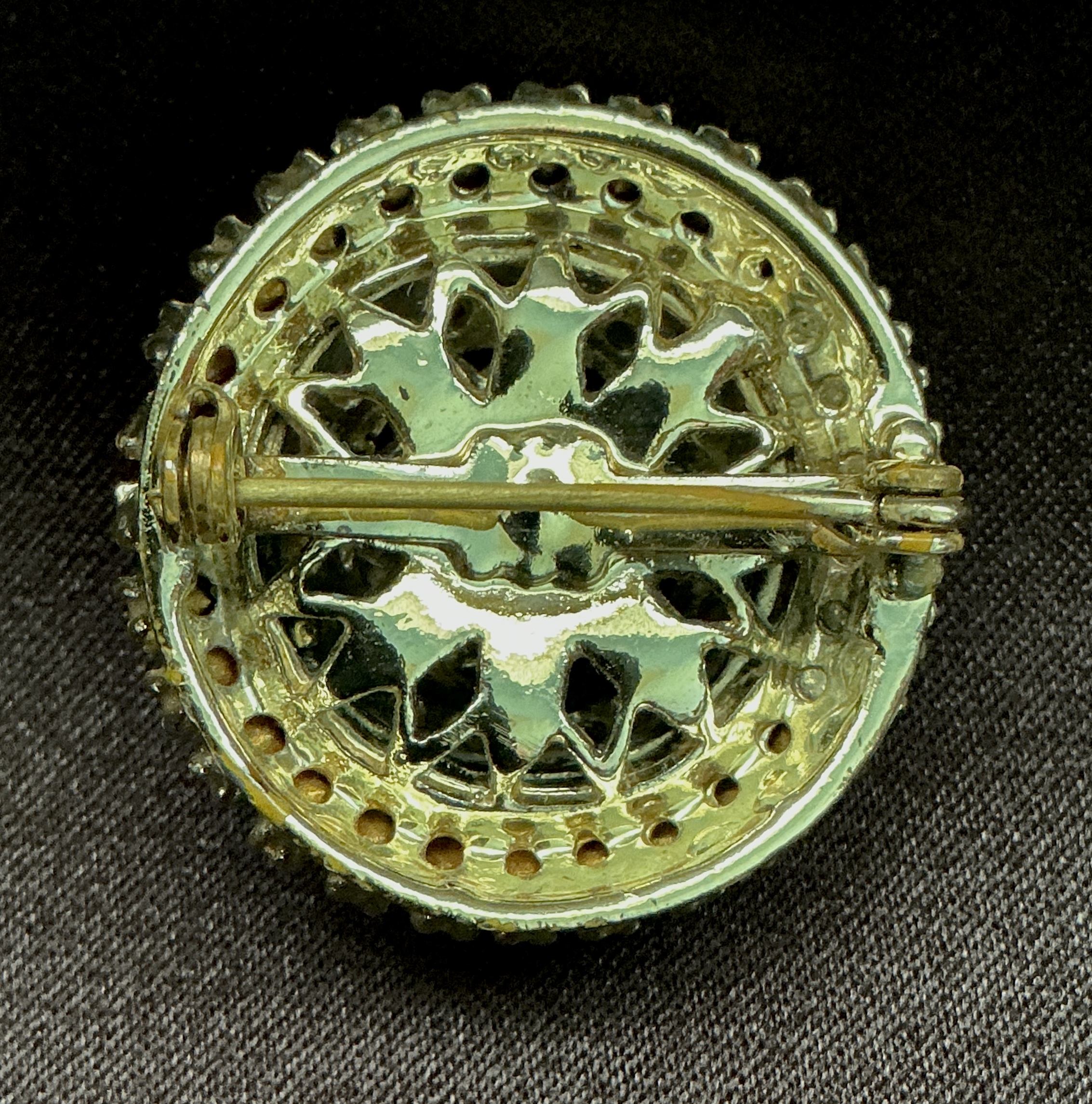 Vintage Aqua Rhinestone and Faux Pearl Domed Brooch Gold Tone Filigree Statement Pin - Image 3