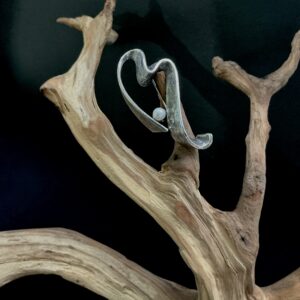 Tortolani silver tone brooch perched on a branch with black background