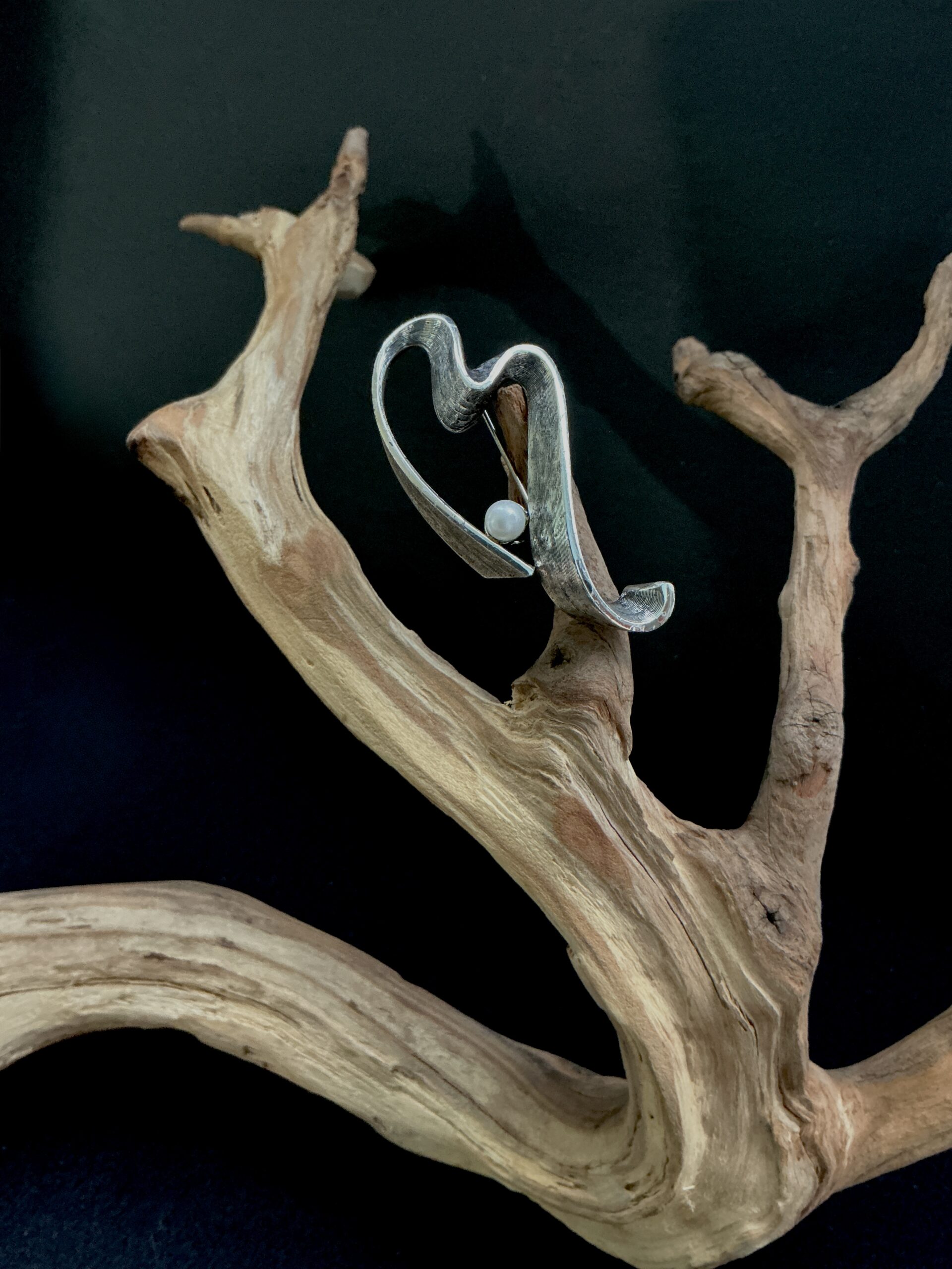 Tortolani silver tone brooch perched on a branch with black background