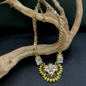 Signed Stella & Dot Statement Necklace Yellow Enamel Rhinestone Gold Tone Bib Necklace
