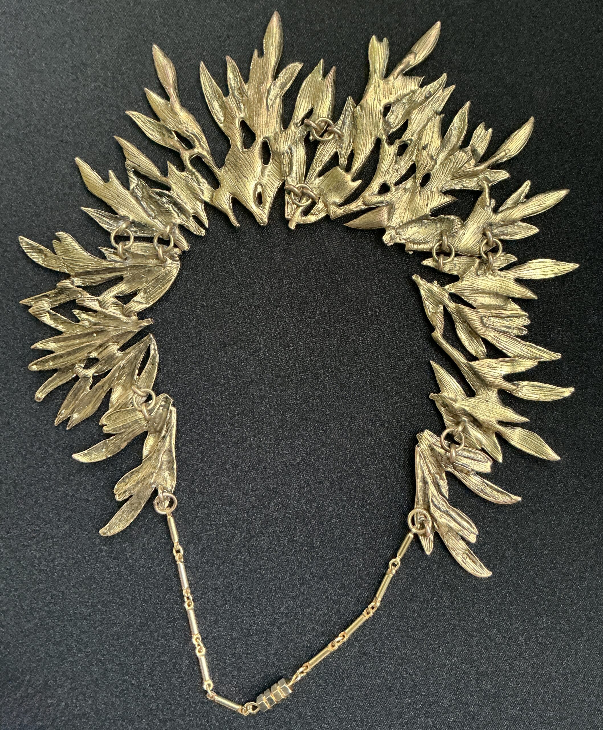 Antiqued Brass Leaf Statement Bib Necklace with Rhinestones - Image 3