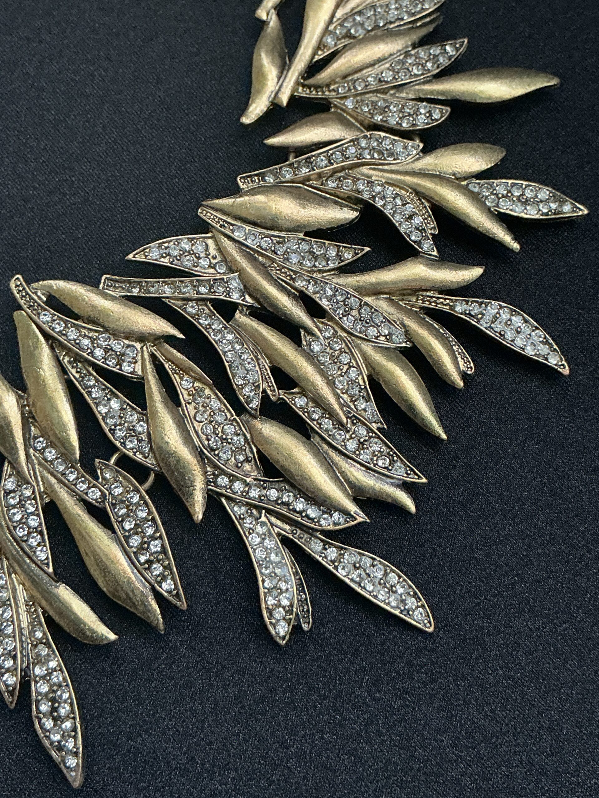 Antiqued Brass Leaf Statement Bib Necklace with Rhinestones - Image 4