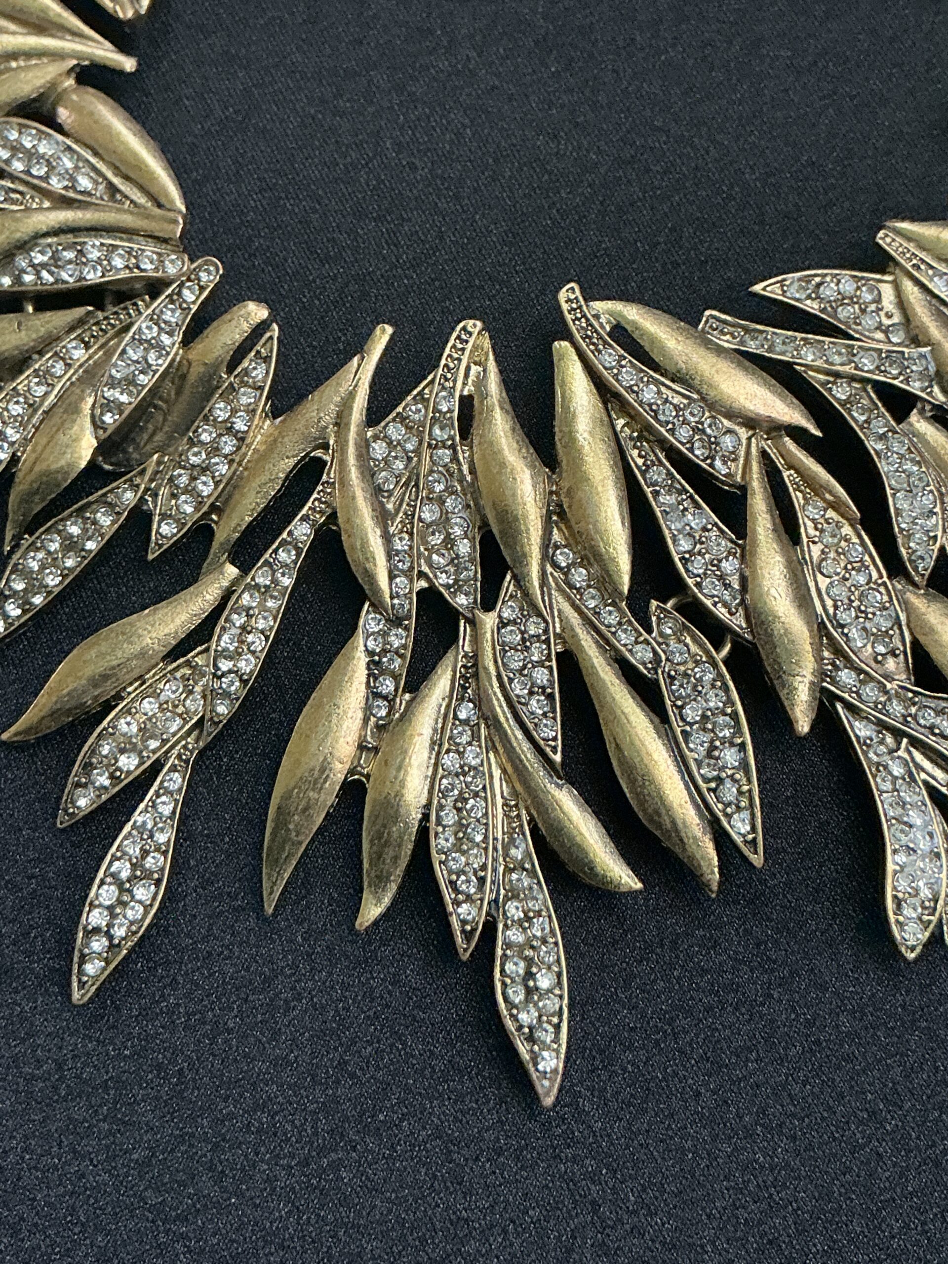 Antiqued Brass Leaf Statement Bib Necklace with Rhinestones - Image 5
