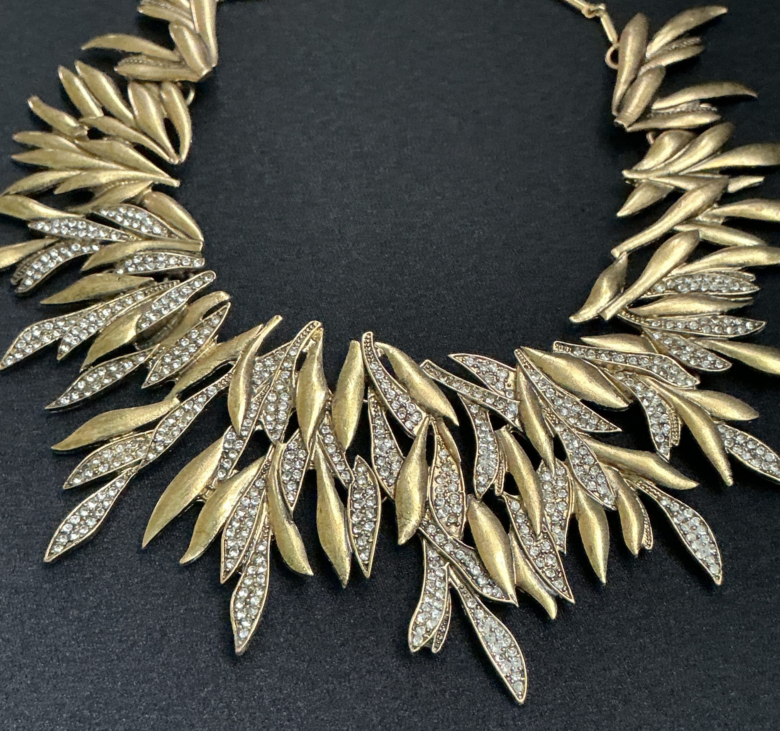Antiqued Brass Leaf Statement Bib Necklace with Rhinestones - Image 7