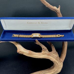 JBK gold tone wristwatch in blue velvet box perched on a branch with a black background