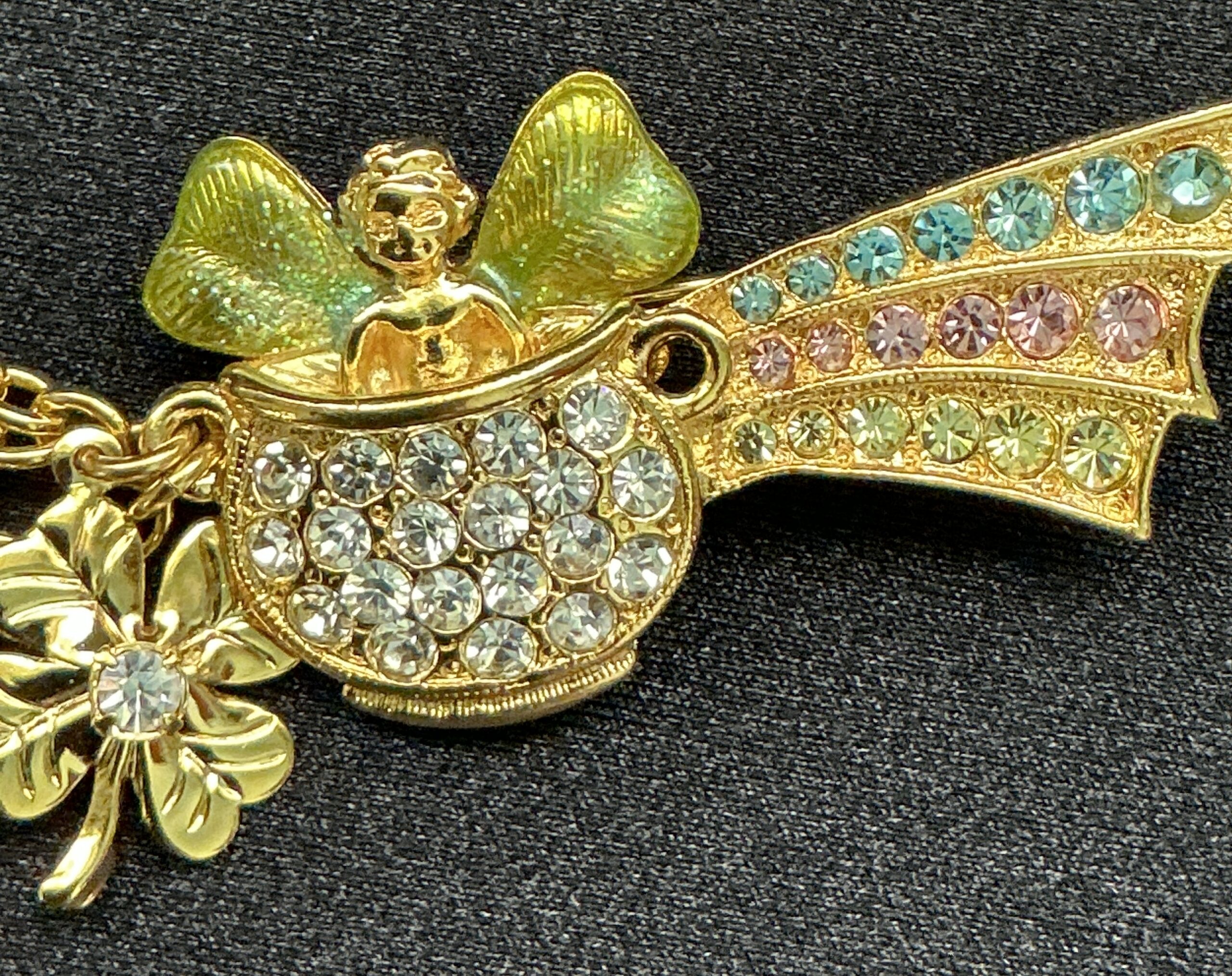 Signed Kirk's Folly Pot of Gold Angel & Lucky Charm Brooch with Rhinestones - Image 4