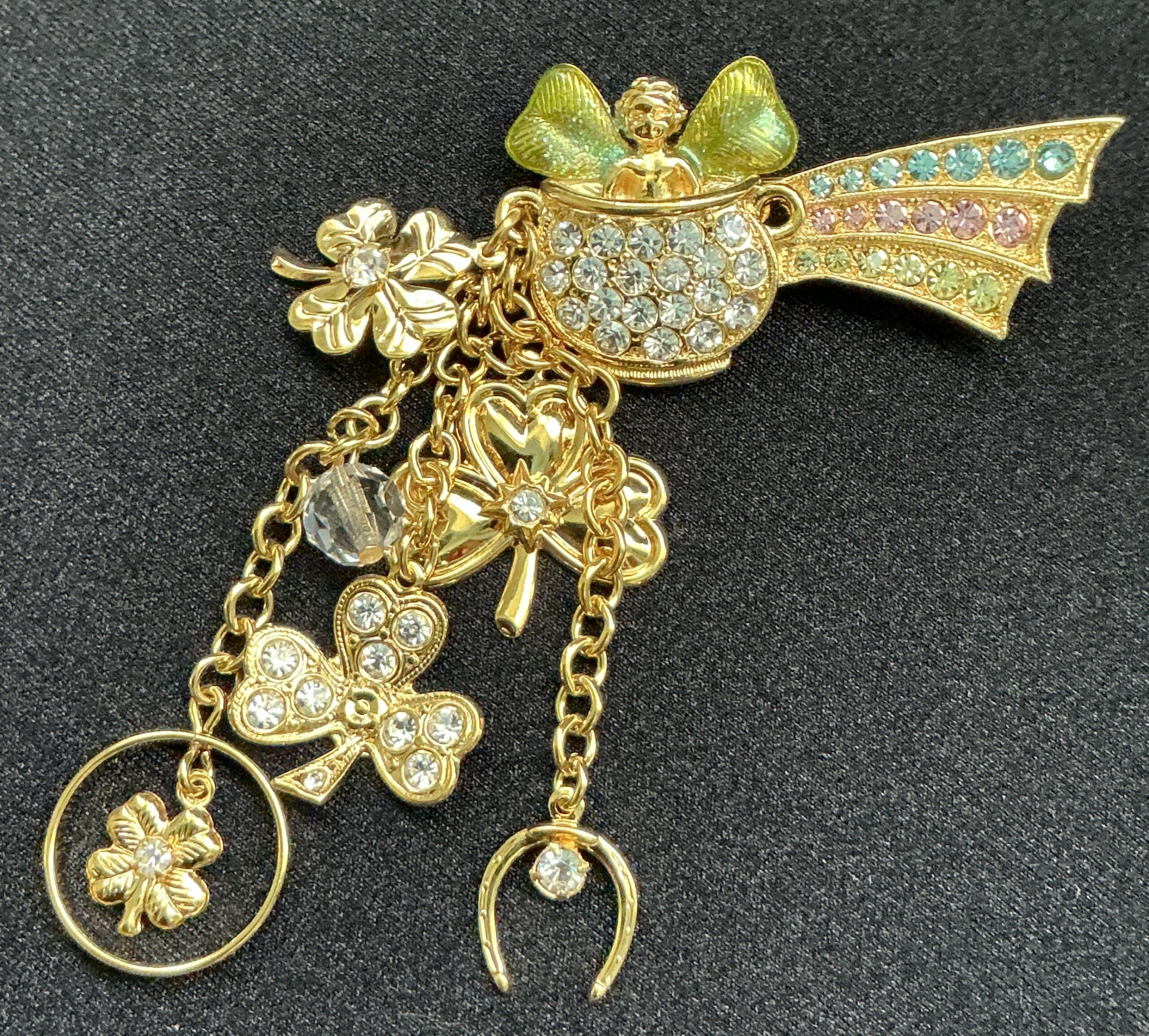 Signed Kirk's Folly Pot of Gold Angel & Lucky Charm Brooch with Rhinestones - Image 10