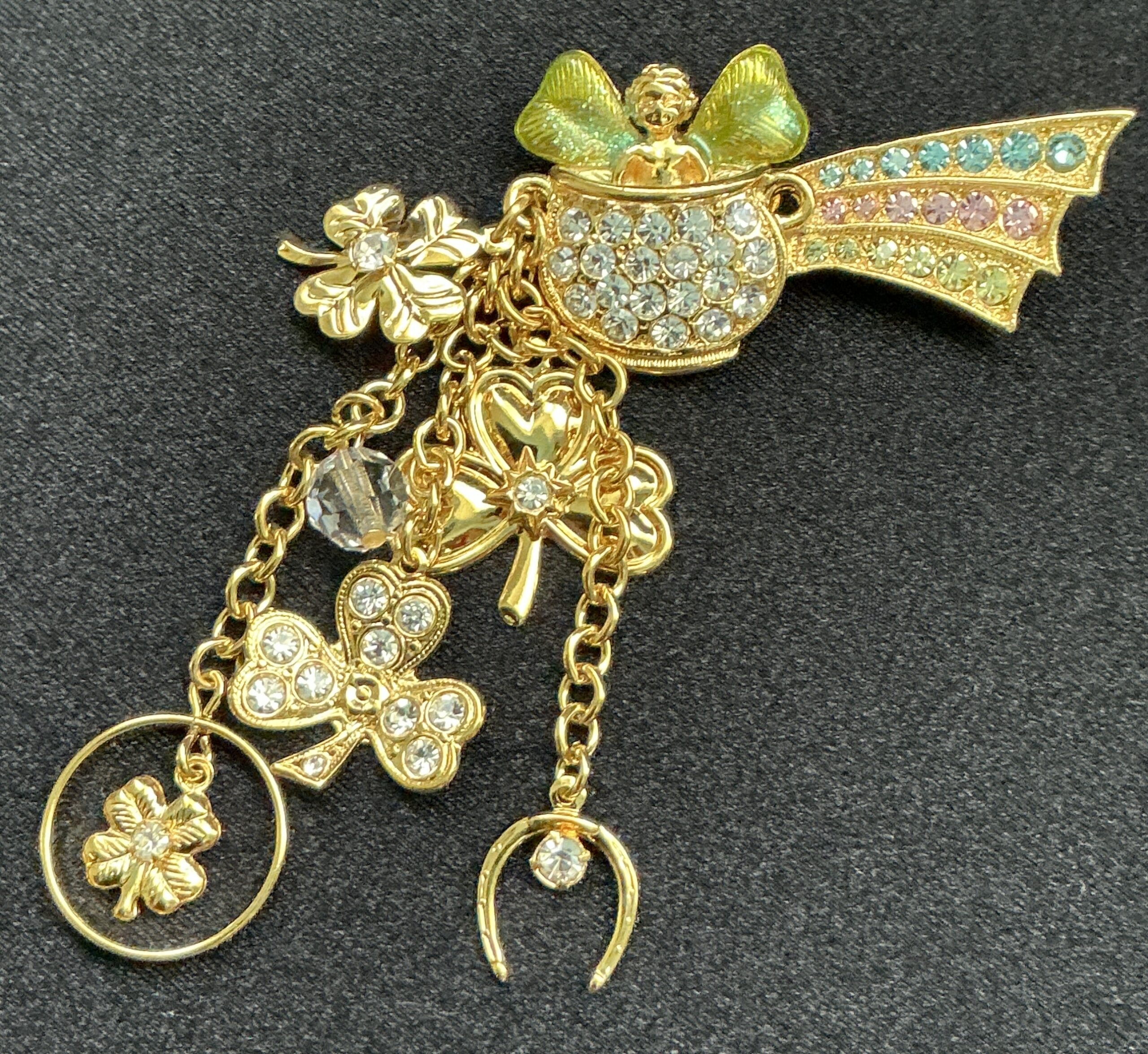 Signed Kirk's Folly Pot of Gold Angel & Lucky Charm Brooch with Rhinestones - Image 2