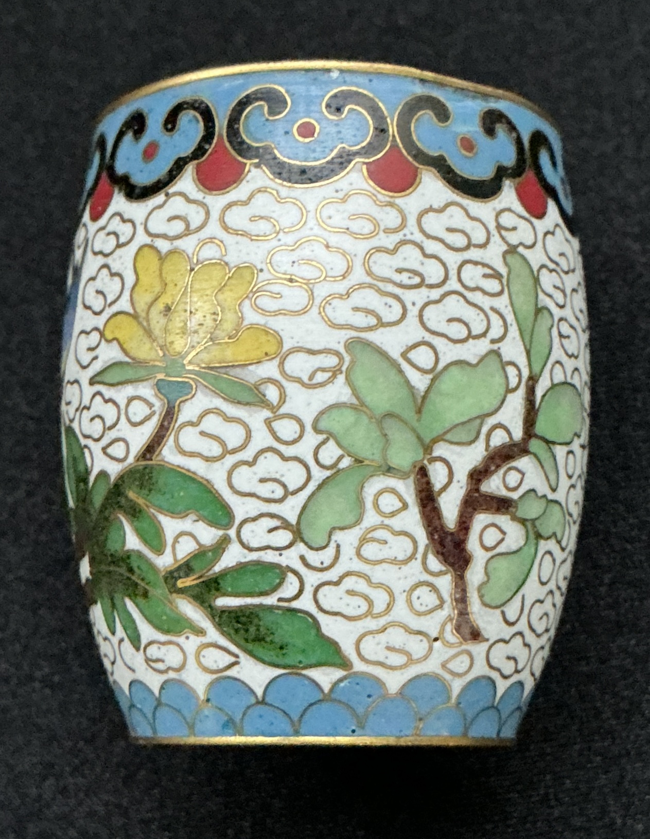 Vintage Chinese Cloisonné Barrel Trinket Box Floral Enamel Lidded Box White Blue Gold Cloisonne Keepsake Pill Box - Image 8
