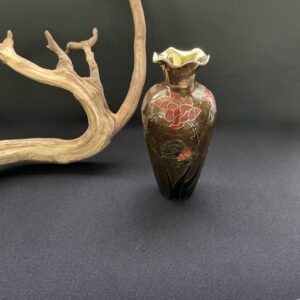 Bronze cloisonne ruffles top 6 inch brass vase with branch neaby and black background