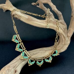 Stella & Dot Zia brass geometric statement necklace with green resin accents, black enamel and adjustable extender chain
