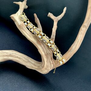 Gold bracelet with mother-of-pearl links on driftwood on black background