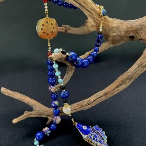BushkaBlue articulated cloisonné fish necklace with lapis, pearls, carnelian