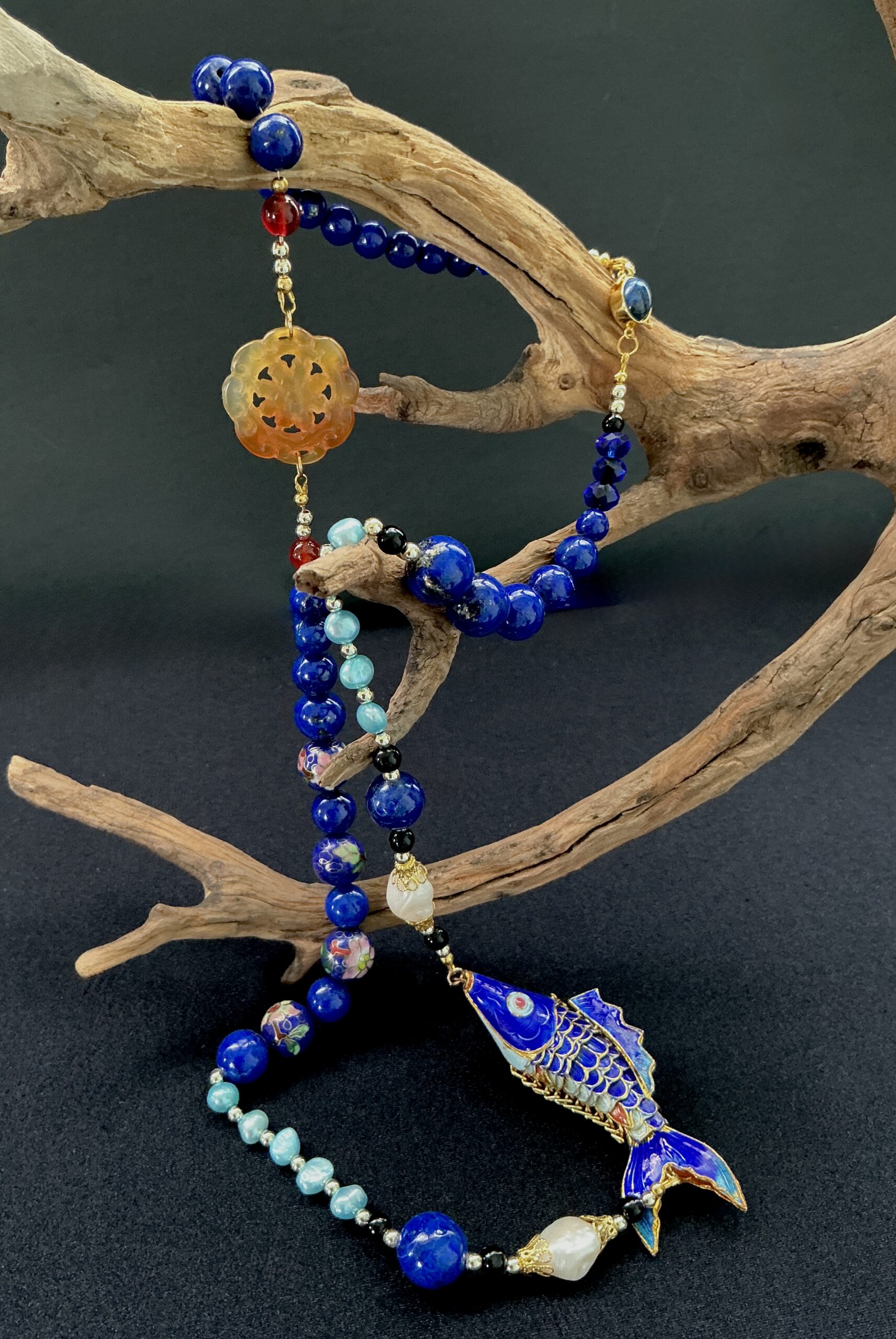 BushkaBlue articulated cloisonné fish necklace with lapis, pearls, carnelian