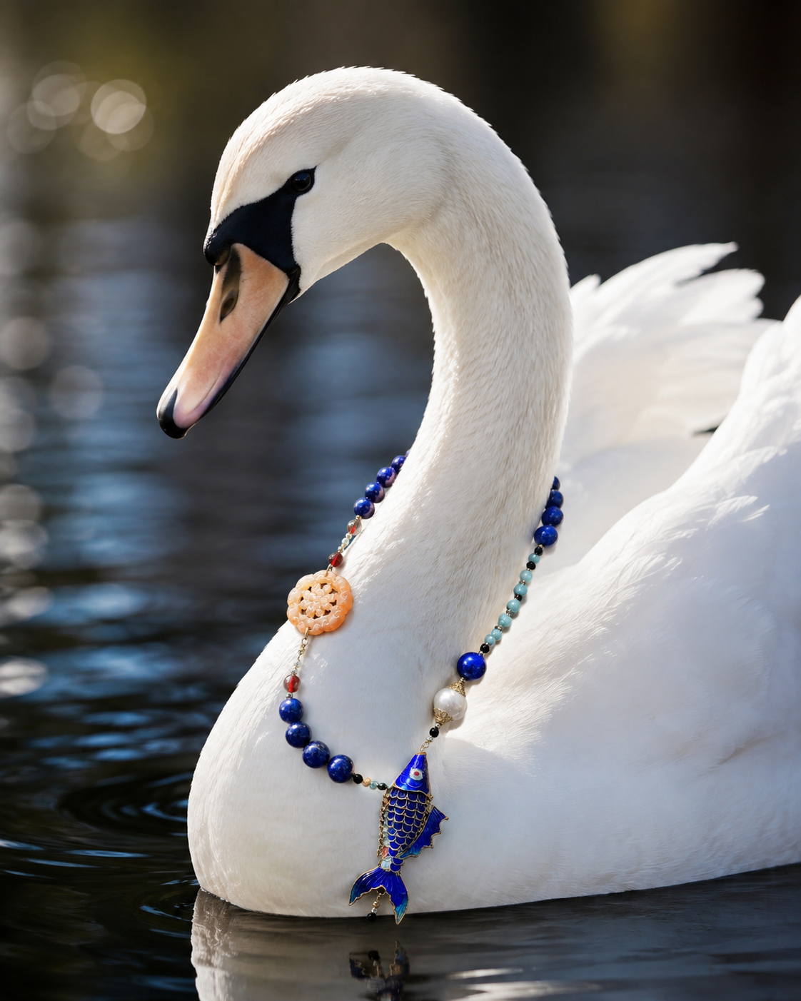 Articulated cloisonné fish necklace with lapis and pearls on a swan